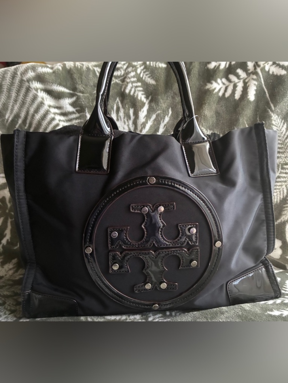 Tory Burch Black Nylon Tote with Patent Logo Details